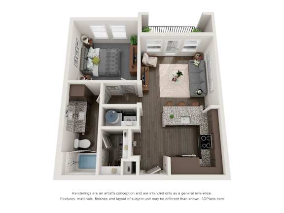 A 3D floor plan of a small apartment with a kitchen, living room, and bathroom.