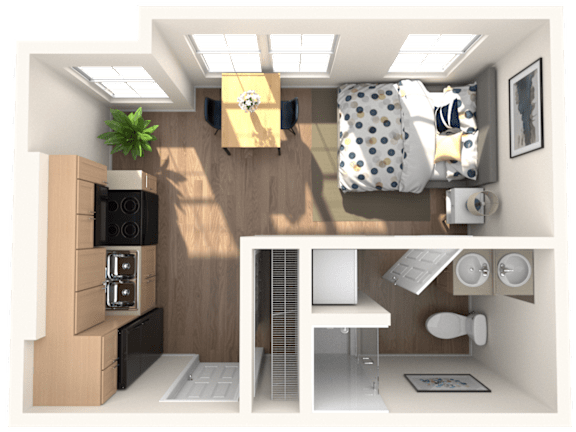 A 3D rendered image of a small, modern apartment with a kitchen, living room, and bathroom.