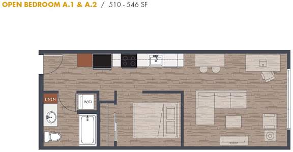 A floor plan of an open bedroom layout A.1 and A.2 with a linen closet, w/d, and a window.