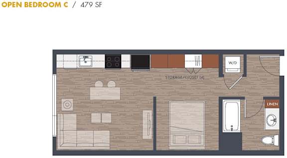 A floor plan of an open bedroom with a laundry area.