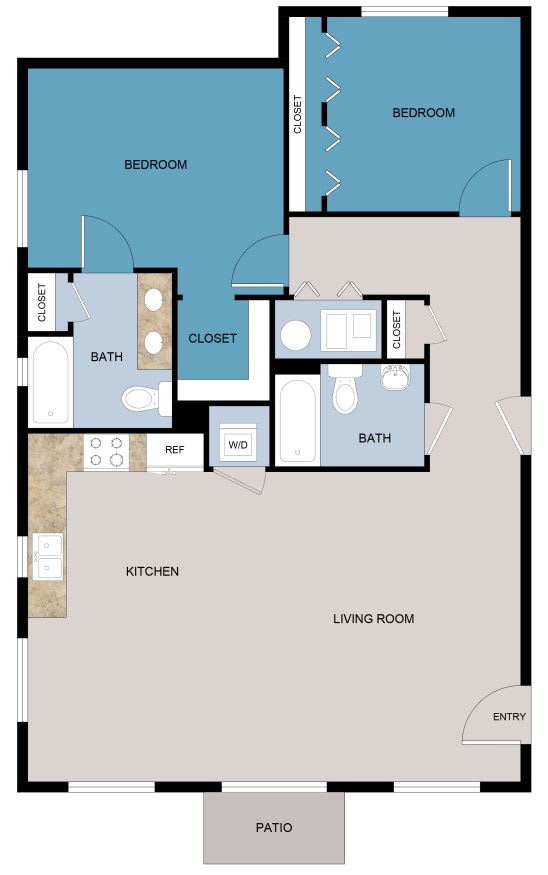 A floor plan of a house with a living room, kitchen, two bedrooms, and two bathrooms.