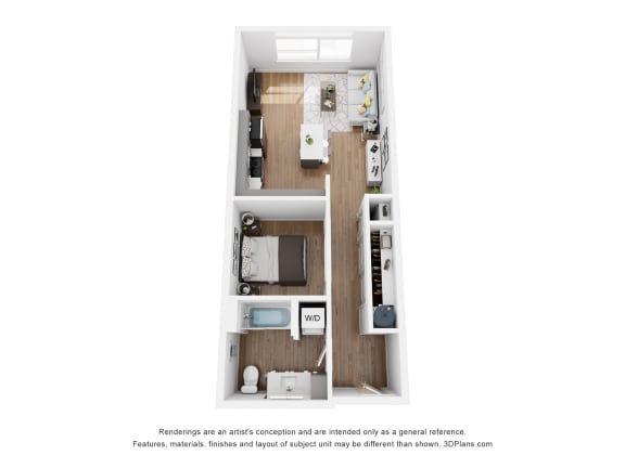 a stylized floor plan with a bedroom and a living room