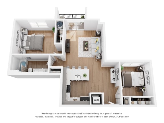 a stylized floor plan with a bedroom and a living room