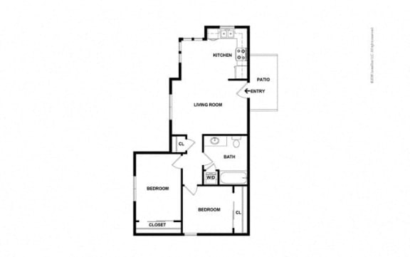 2 Bed 1 Bath 760 square feet floor plan