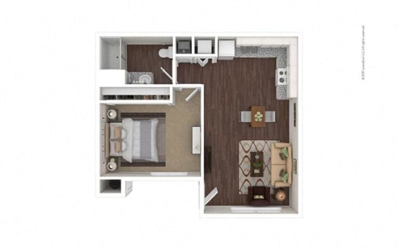 Floor Plan  1 Bed 1 Bath 600 square feet floor plan A2 3d furnished