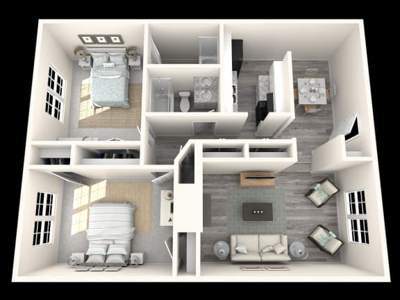 2 Bed, 2 Bath, 1078 sq. ft. Oak floor plan