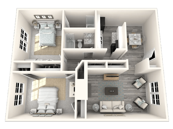 A 3D rendered image of a house layout.