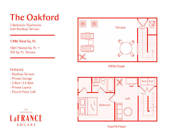 A red and white image of a floor plan for a 2 bedroom townhouse.
