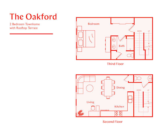 A red line drawing of a two bedroom townhouse with a roof top terrace.