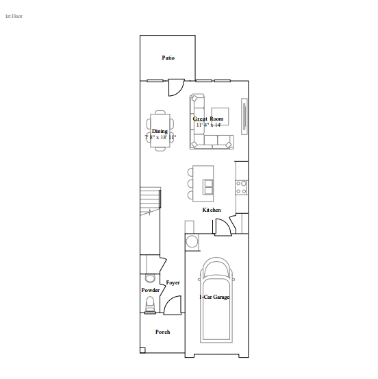 A floor plan of a home with a patio, dining area, kitchen, powder room, and car garage.