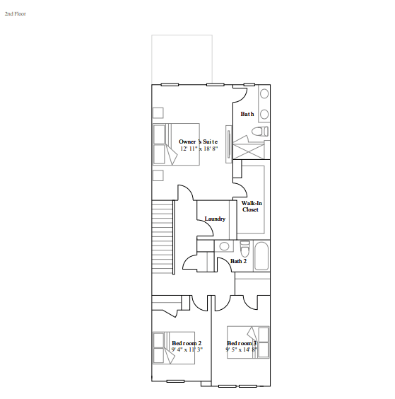 A floor plan of a second-floor apartment with two bedrooms, a laundry room, and a bathroom.