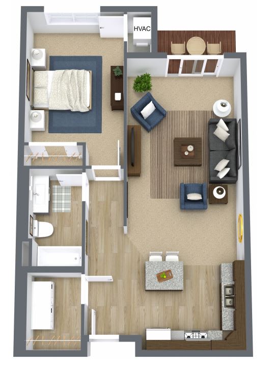 A floor plan of a small apartment with a kitchen, living room, and bedroom.