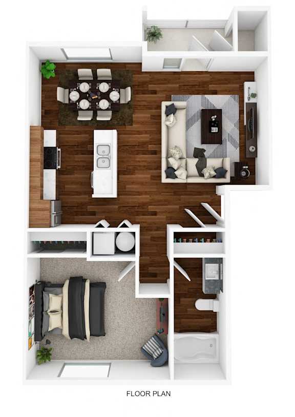 A floor plan of a small apartment with a kitchen, living room, and bedroom.