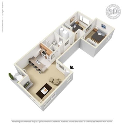 2 Bed - 1 Bath, 960 sq ft, A1 floor plan
