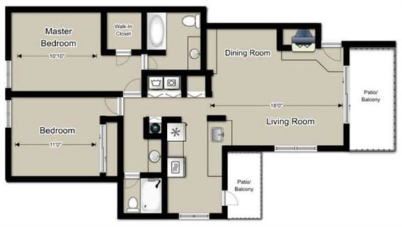 2 Bed, 2 Bath, 1024 sq ft, Willow floor plan