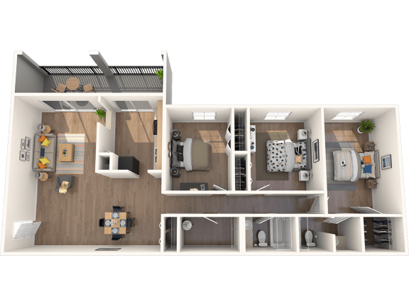 Pet-Friendly Apartments in Tampa, FL – Belara Lakes – 3D floorplan of our 3 bed, 2 bath, 1450 sq. ft. Osprey Floorplan