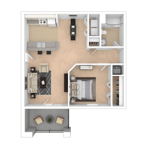 Floor Plan  Sevierville_TN_Apartment_OverlookatAllensville_1 bedroom 1 bath 3D Furnished