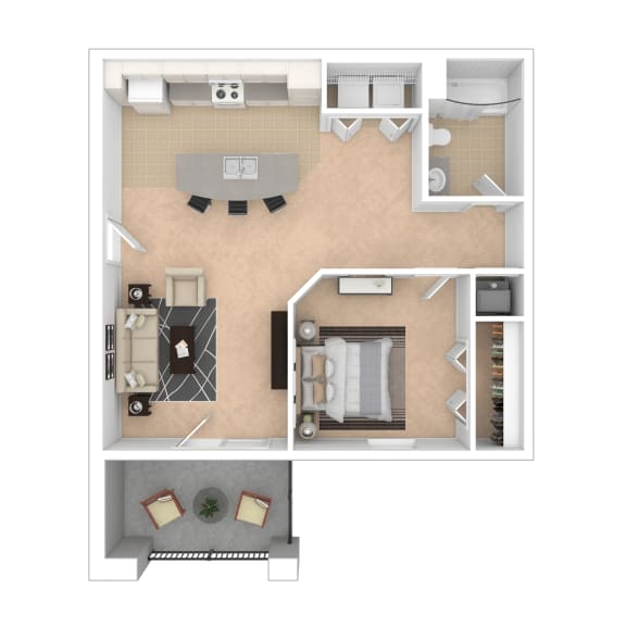 Floor Plan  Sevierville_TN_Apartment_OverlookatAllensville_1 bedroom 1 bath 3D Furnished