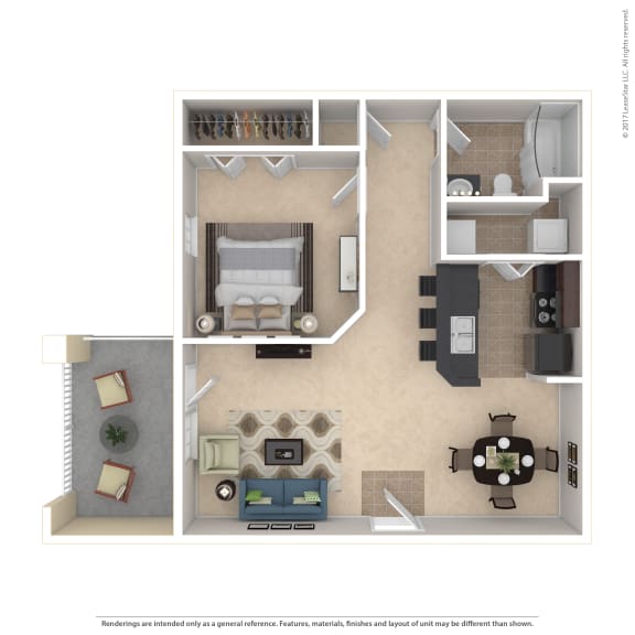 Floor Plan  Sevierville_TN_Apartment_OverlookatAllensville_1 bedroom 1 bath 3D Furnished