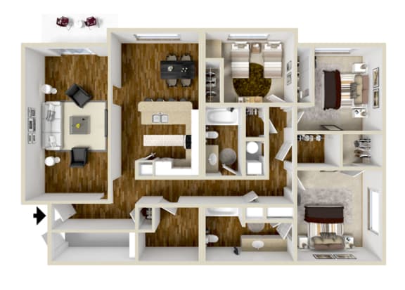 3 Bedroom, 2 Bath - 1,253 Square Feet - Somerset Floor Plan