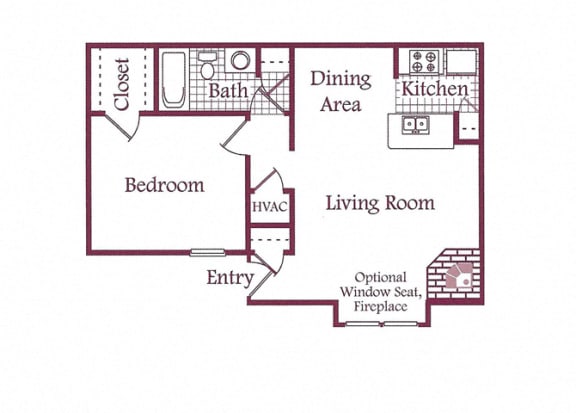 1 Bed, 1 Bath, 617 square feet floor plan A1