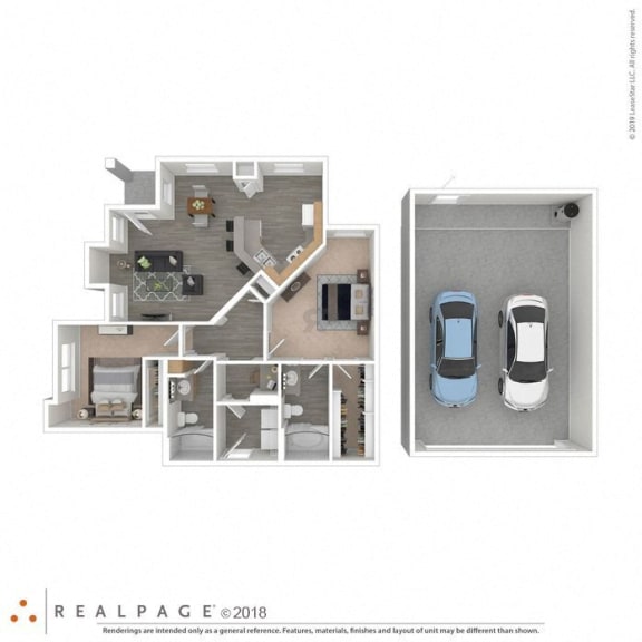 2 Bed 2 Bath 1129 square feet floor plan Pearl First Floor 3d furnished