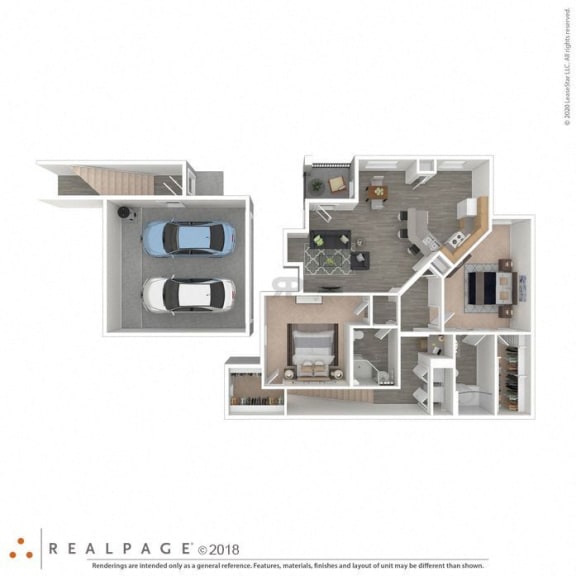 2 Bed 2 Bath 1217 square feet floor plan Pearl Second Floor 3d furnished