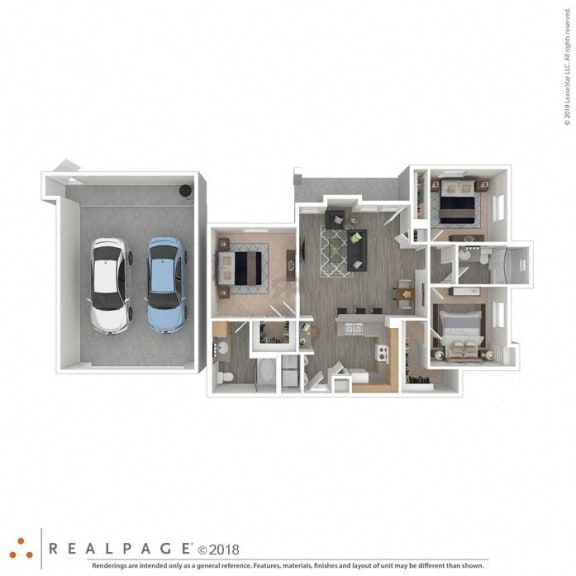 3 Bed 2 Bath 1244 square feet floor plan Sable First Floor 3d furnished