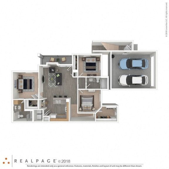 3 Bed 2 Bath, 1323 square feet floor plan Sable Second Floor 3d furnished