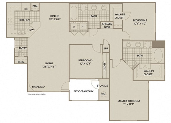 3 bed 2 Bath 1322 square feet Roma floor plan