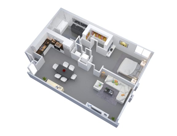 1 Bed 1 Bath Up to 1,493 square feet floor plan The Pantages 3d furnished