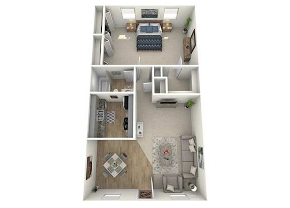 Ashley 1 bedroom 1 bathroom apartment floor plan at The Jaunt Apartments in Charleston SC, offering a spacious open living area in a pet friendly apartment community for rent
