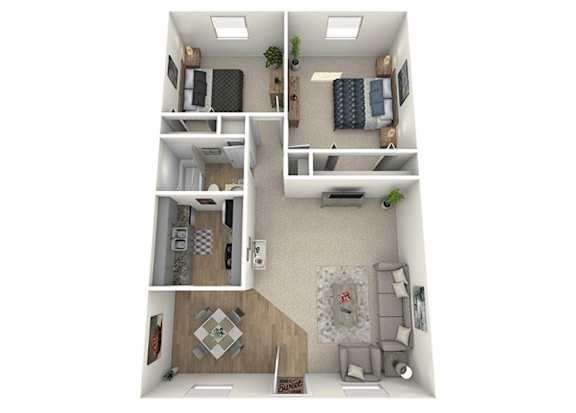 Kiawah 2 bedroom 1 bathroom apartment floor plan at The Jaunt Apartments in Charleston South Carolina, featuring a pet friendly community