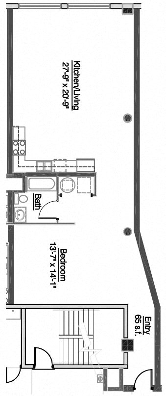 A floor plan of a two-bedroom apartment with a kitchen and bathroom.