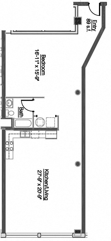 A floor plan of a small apartment with a bedroom, bathroom, and kitchen.