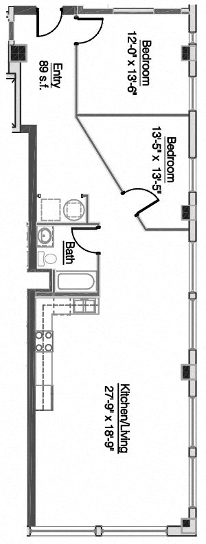 A floor plan of a house with two bathrooms, two bedrooms, and a kitchen.