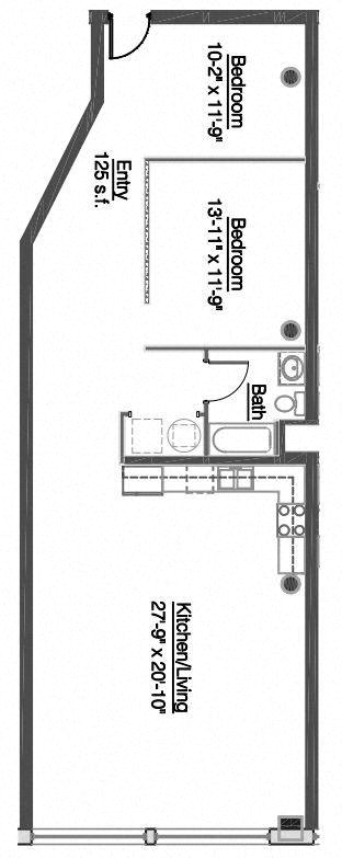 A floor plan of a house with a kitchen, two bathrooms, and two bedrooms.