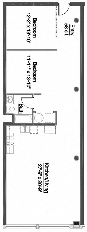 A floor plan of a small apartment with two bedrooms and a kitchen.