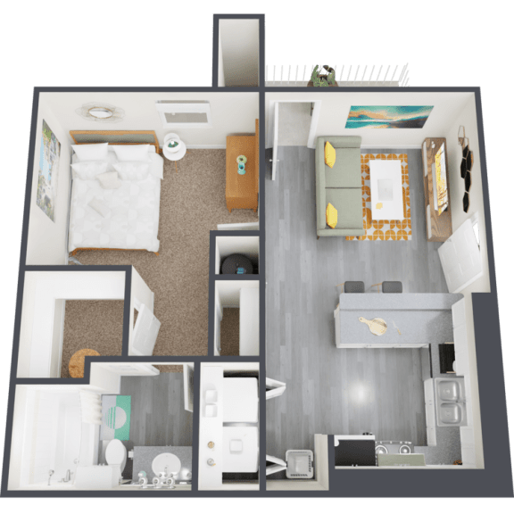 a 3d rendering of a floor plan with a bedroom and a living room