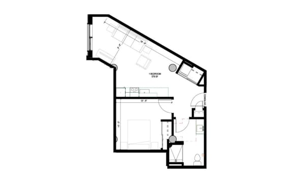 floor plan of the upper floor of a 1 bedroom floor plan