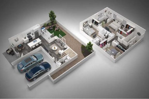 a floor plan of a house with two cars