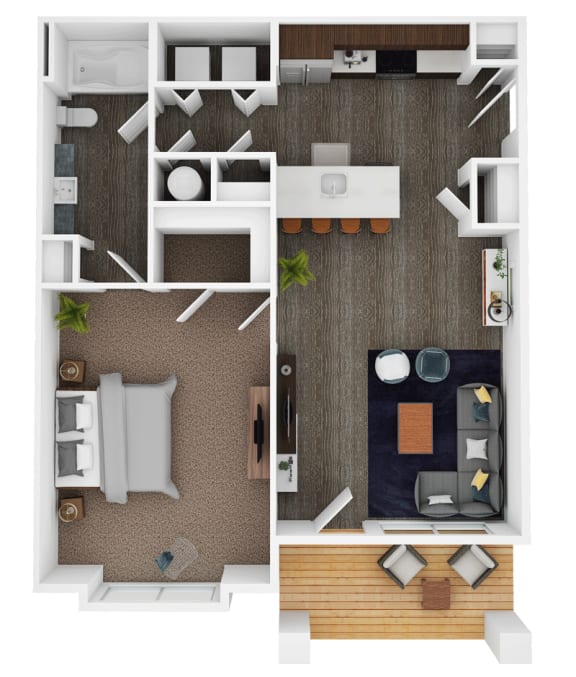 a stylized floor plan with a bedroom and a living room
