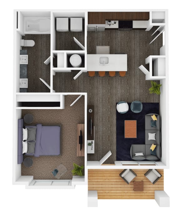 a stylized floor plan of a hotel room with a bedroom and living room