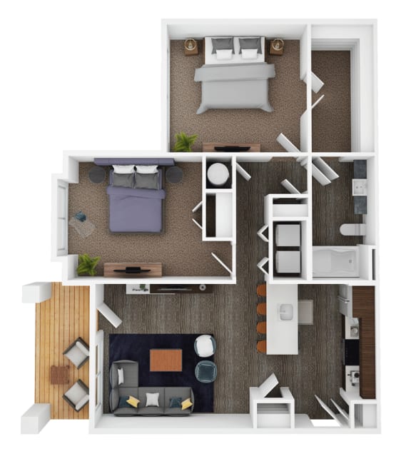 a 3d drawing of a bedroom with furniture and a living room