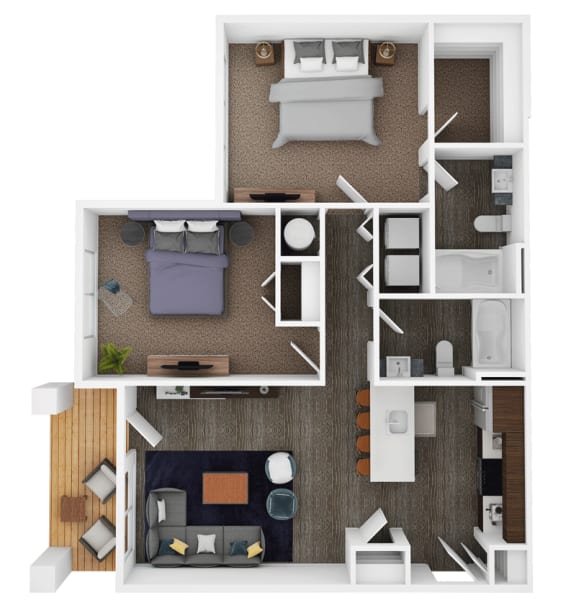 a 3d floor plan of a bedroom with furniture and a bathroom