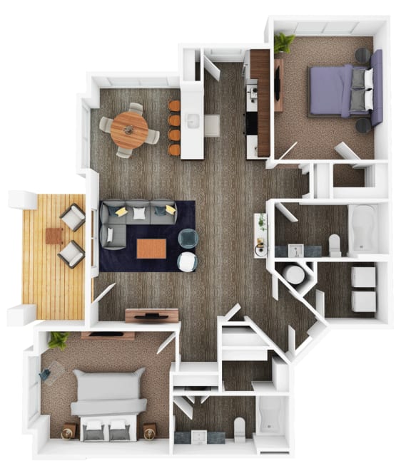 a stylized floor plan of a bedroom with furniture and a living room