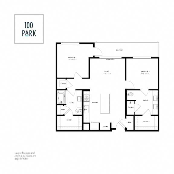 A black and white image of a house floor plan with the title "100 PARK".
