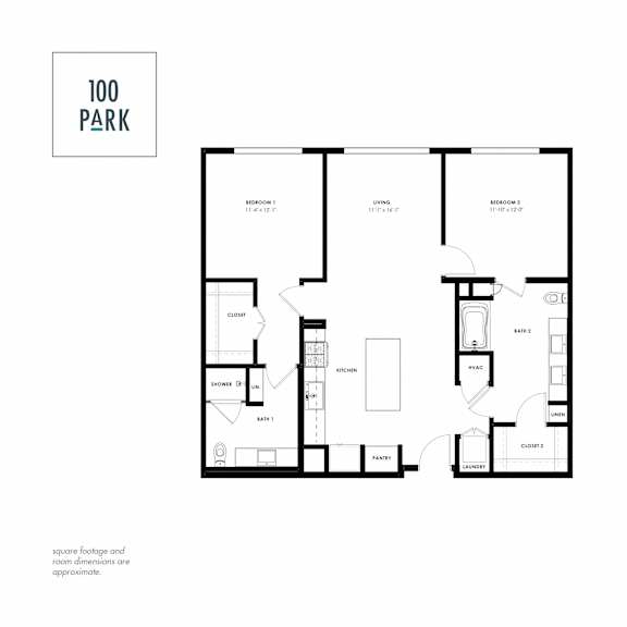 A black and white image of a floor plan for a 100 Park apartment.