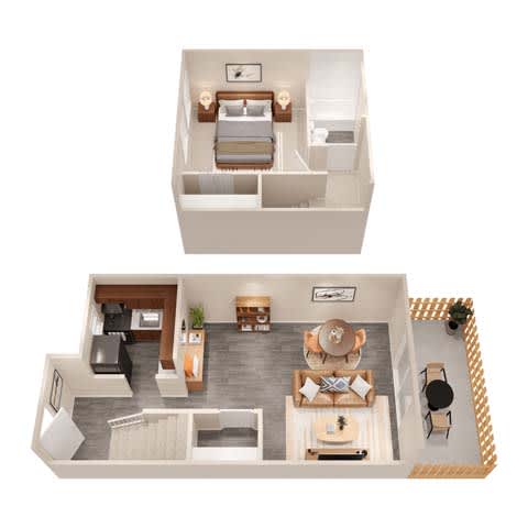 A top and bottom floor plan of a house with a kitchen, living room, dining room, and bedrooms.