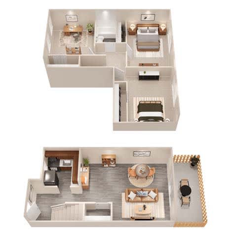 A floor plan of a two-story house with a living room, dining room, kitchen, and bedrooms.